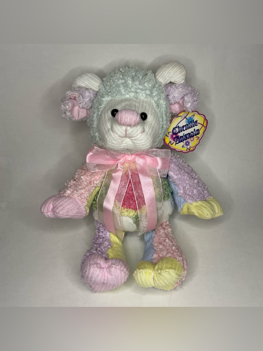 NWT VTG Chenille Animals Goat Ram Pastel Color Block Patchwork Crotchet 10" Read